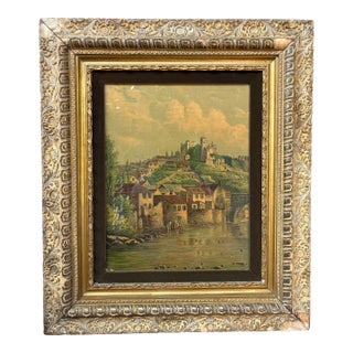 Decorative Antique European Landscape Print Housed in an Ornate Giltwood Frame With Age, Wear and Patina For Sale