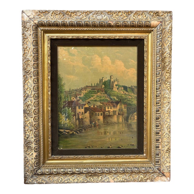Decorative Antique European Landscape Print Housed in an Ornate Giltwood Frame With Age, Wear and Patina For Sale