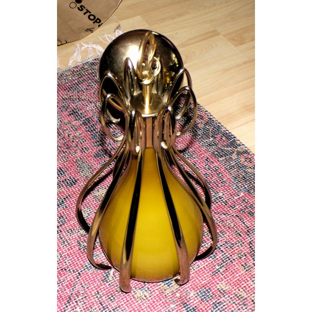 Glass Vintage Mid Century Modern Amber Murano Glass Teardrop Pendant Light Brass Cage For Sale - Image 7 of 13