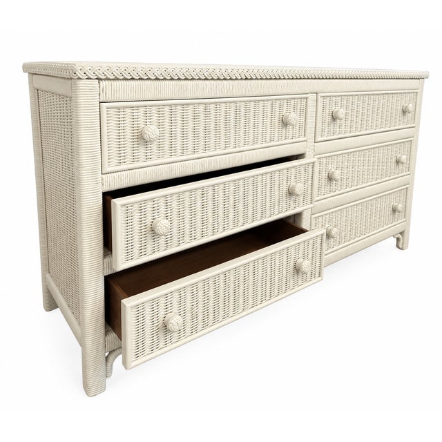Mid-Century Modern Vintage Henry Link Wicker Dresser – Six Drawers, Braided Rattan Trim. For Sale - Image 3 of 7