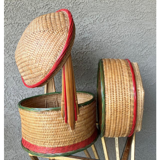 Circa 1960/1970 Chinese Rattan & Bamboo Two-Tier Betrothal / Wedding Basket For Sale - Image 12 of 18