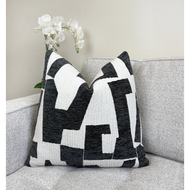 Graphite Hierographic 20x20 Chenille Pillow With Feather Down Insert For Sale - Image 4 of 5