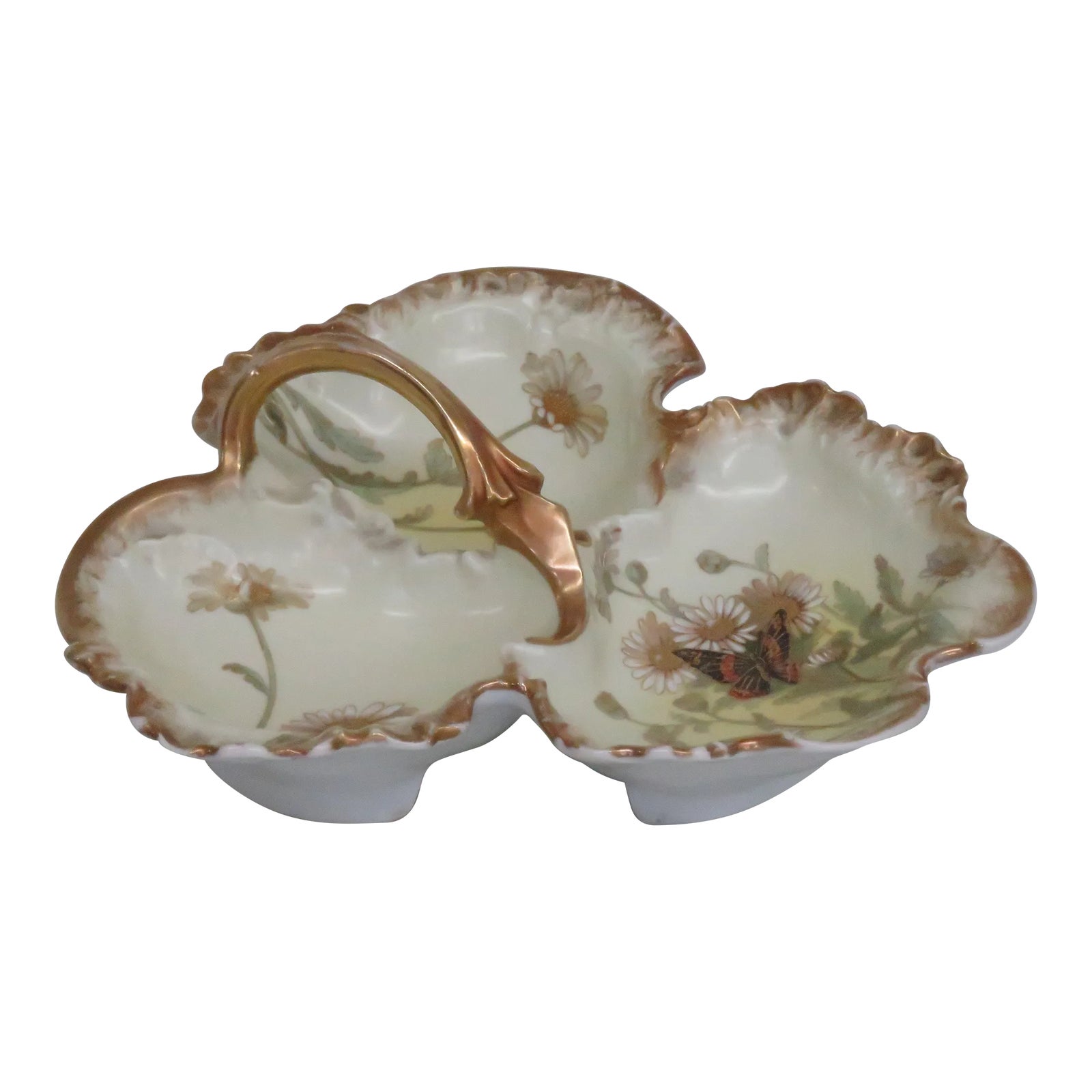 Limoges Divided Serving Dish Gilt Butterfly Flowers and Decorative