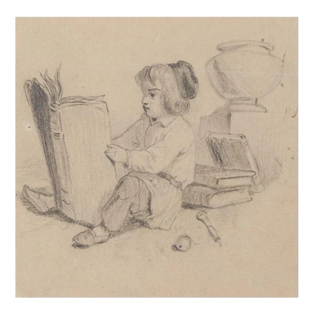 Little Girl Reading - Original Pencil Drawing - 20th Century 20th Century For Sale