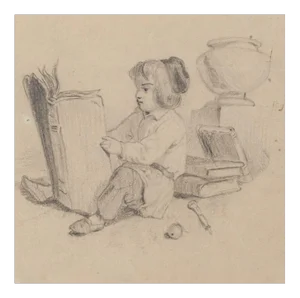 Little Girl Reading - Original Pencil Drawing - 20th Century 20th Century