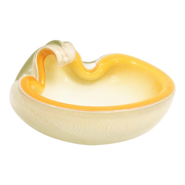 Vintage 50s Alfredo Barbini Murano Glass Gold Flake Clam Shell Bowl or Ashtray For Sale