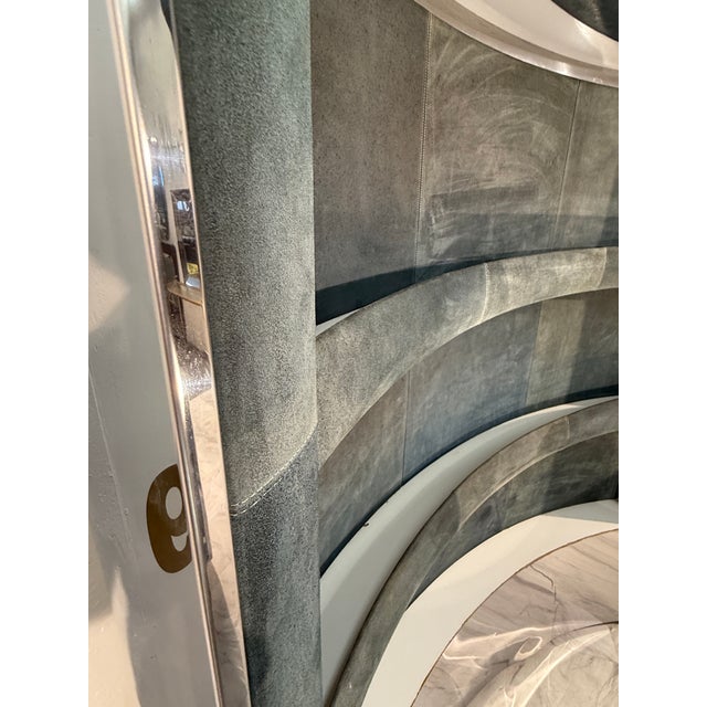 Chrome 1970s Mid-Century Modern Attributed to Willy Rizzo Bar Cabinet in Blue Suede, Brass & Chrome For Sale - Image 8 of 13