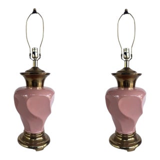 Vintage 1980's Pink Ceramic Lamps With Brass Base. For Sale