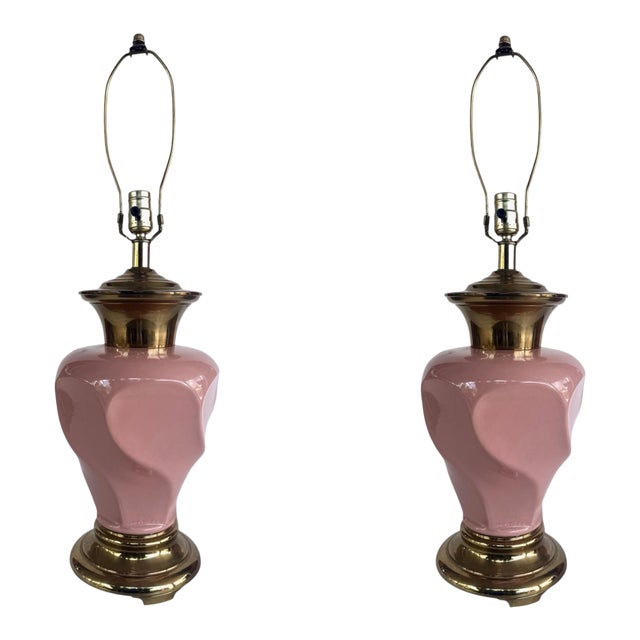 Vintage 1980's Pink Ceramic Lamps With Brass Base. For Sale