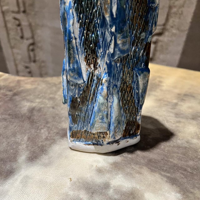 Late 20th Century Textured Geometric Blue Vase Modern Studio Art Pottery For Sale - Image 5 of 8