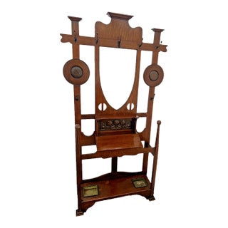 Early 20th Century English Arts & Crafts Quarter-Sawn Oak Hall Tree With Mirror and Umbrella Stand For Sale