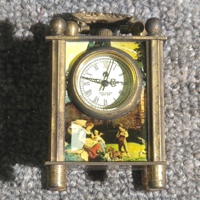 Brass Brass Miniature Desk Clock With Flemish Art Scenic Dial For Sale - Image 8 of 8