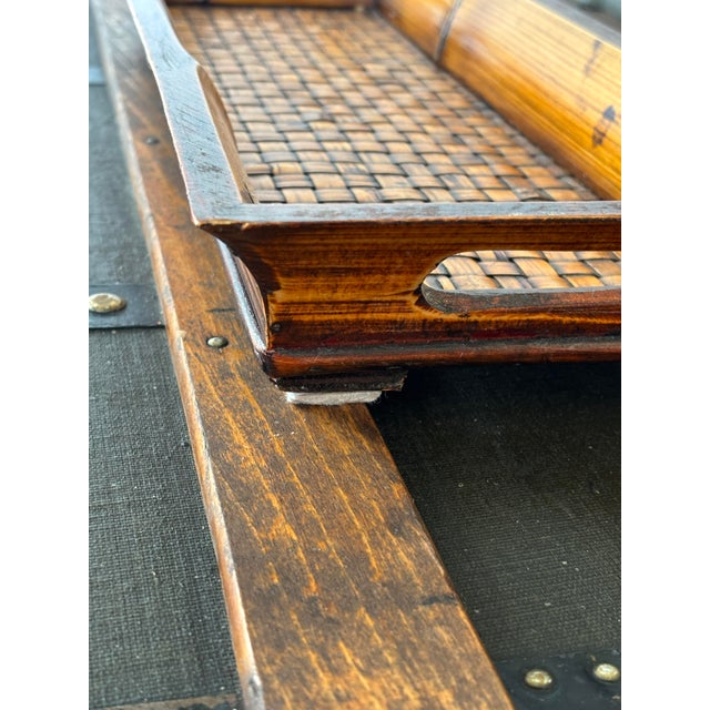 Wood Vintage British Colonial Platter Woven Bamboo Long Bar Tray 17.5" For Sale - Image 7 of 10