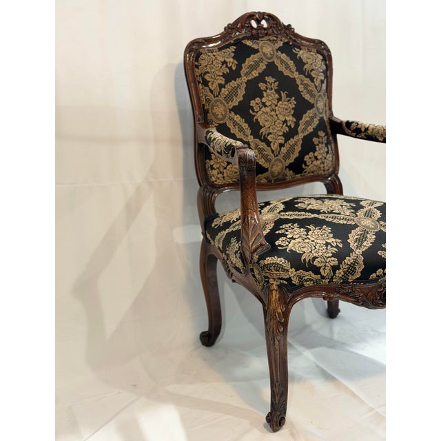 Vintage Louis XV Style Hand Carved Walnut Armchair With Black and Gold Damask Upholstery For Sale - Image 4 of 10