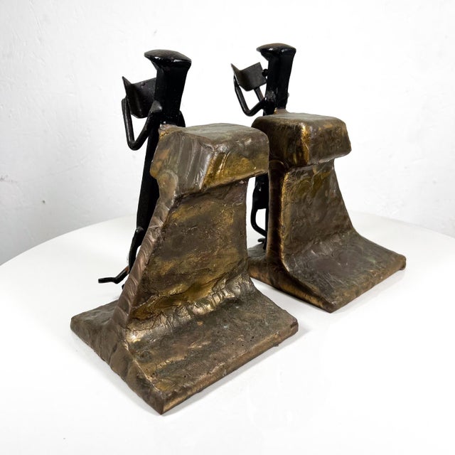 AMBIANIC presents 1968 Modernist Railway Spike Bookends signed Heavy item. 5.63 d x 6.88 long x 9 h Preowned original...