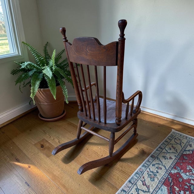 Wood Antique Early American Oak Windsor Children’s Rocker For Sale - Image 7 of 11