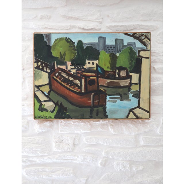 G. Delaire, Barges on the Seine, 1994, Oil Painting on Canvas For Sale - Image 4 of 11