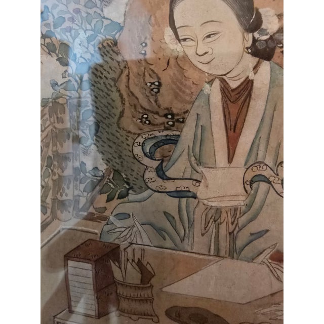 Celadon Antique Chinese Painting in a Pre Mid Century Frame For Sale - Image 8 of 12