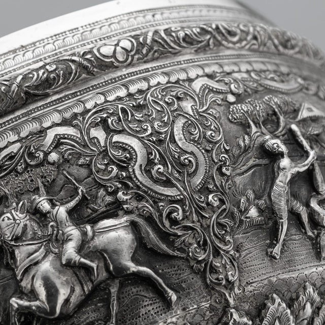 Antique Burmese Repoussé Silver Jataka Tales Bowl, 1910 For Sale - Image 9 of 18