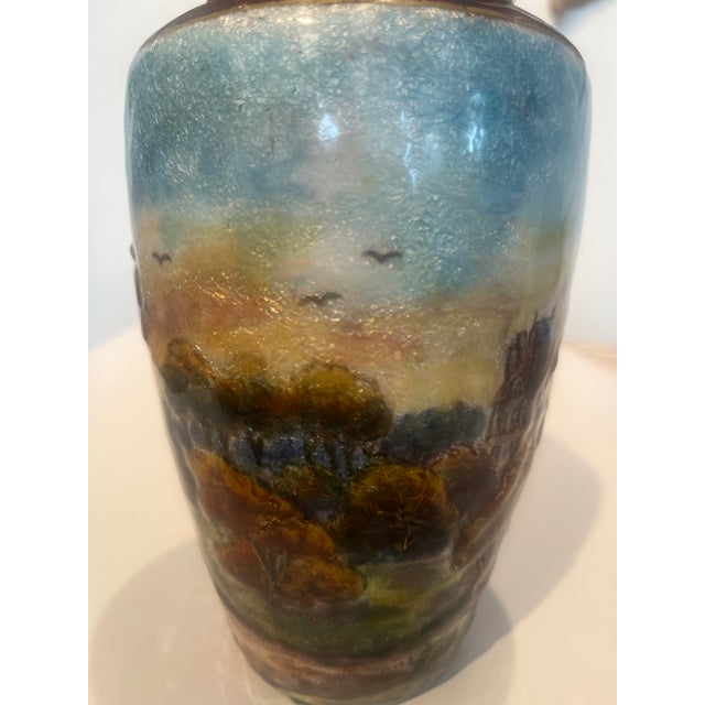 Sky Blue Antique Late 19th Century French Countryside Chateau Painted Enamel on Copper Scenic Vase Signed and Marked France Circa 1900 For Sale - Image 8 of 13