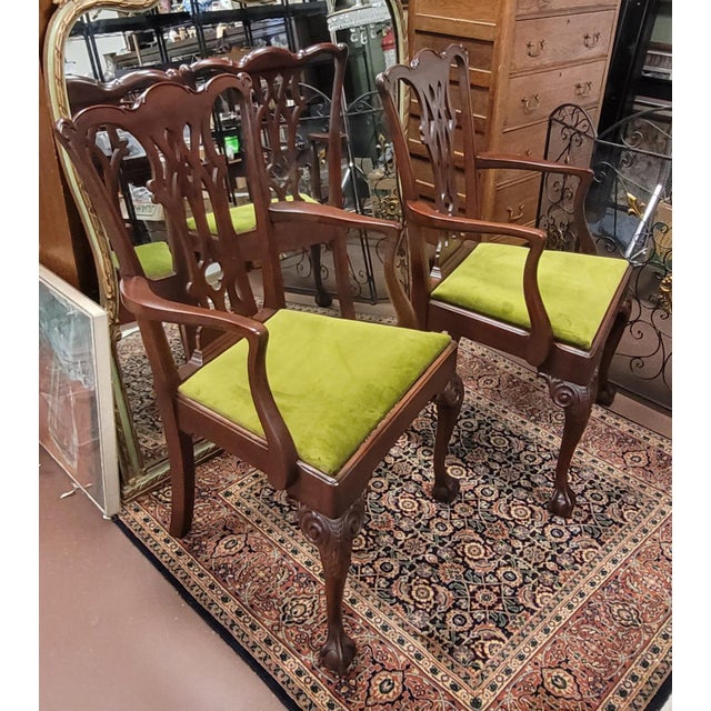 American Pair Fine Vintage 1940s Chippendale Arm Chairs in Velvet For Sale - Image 3 of 9