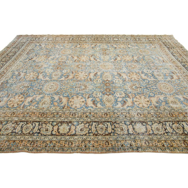 1910s Room Size Floral Antique Persian Tabriz Wool Rug in Blue For Sale - Image 5 of 10