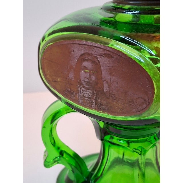 Early 20th Century Antique Emerald Green Glass Kerosene Finger Lamp 4-Panel Portrait Pilgrim For Sale - Image 5 of 18