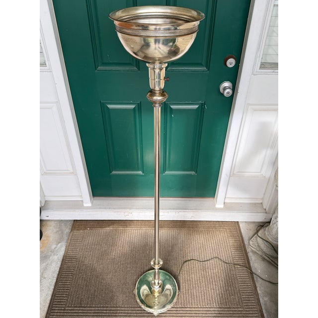 Silver 1930s Art Deco Pierced Silverplated 60" Torchiere Floor Lamp W/Claw Feet For Sale - Image 8 of 18