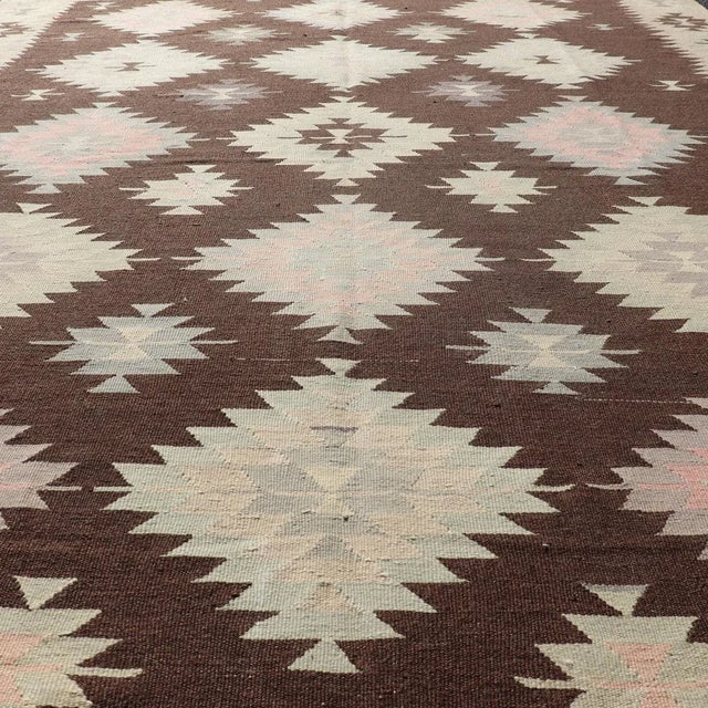 Mid 20th Century Mid 20th Century Tribal and Geometrics Turkish Kilim in Brown With Cream, Pink, Light Gray/Blue For Sale - Image 5 of 13