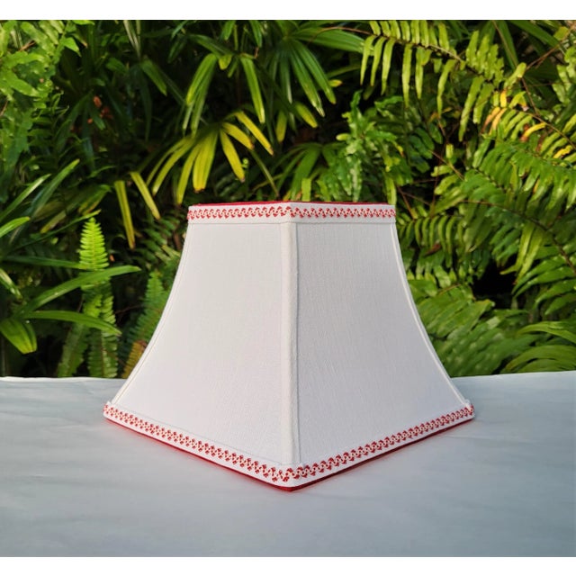 Not Yet Made - Made To Order Contemporary Small White Linen Lampshade Clip on Red Trim Square Bell For Sale - Image 5 of 11