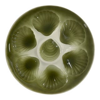 Mid 20th Century French Orchies Olive Green Majolica Oyster Plate For Sale