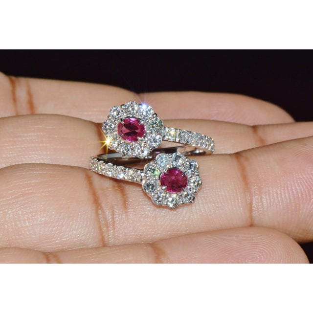 Certified Natural 2.08cts Ruby & Diamond Floral Bypass Halo Ring in Solid 18k White Gold, Size 5.5 For Sale - Image 9 of 12
