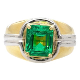 Agl Certified 3.98 Carat Colombian Emerald 18k Gold Platinum Mens Ring, Size 8.5 For Sale