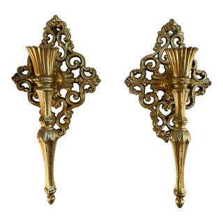 Late 20th Century Hollywood Regency Style Brass Candle Sconces - a Pair For Sale