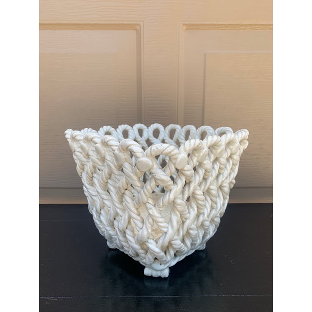 1960s French Country White Ceramic Woven Rope Cachepot Basket For Sale - Image 4 of 13