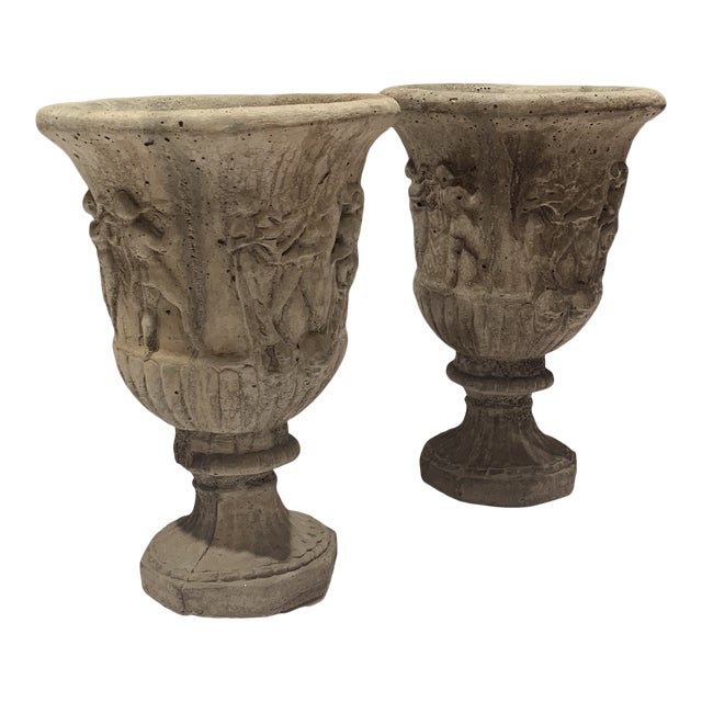 Antique Cast Stone Garden Urns - a Pair For Sale