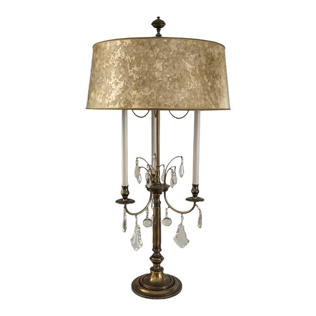 Large Brass and Crystal Bouillotte Table Lamp with Stiffel Shade For Sale