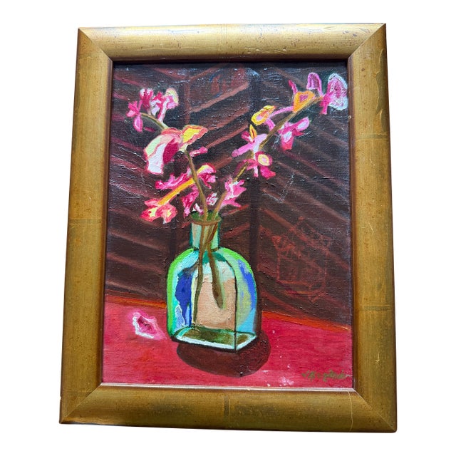 Still Life of Pink Orchids in a Blue Vase, Oil Painting For Sale