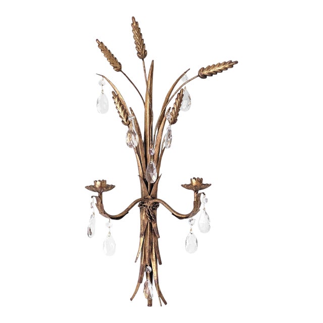 Vintage Italian Gilt Tole 2 Arm Wheat Candle Sconce With Glass Prisms For Sale