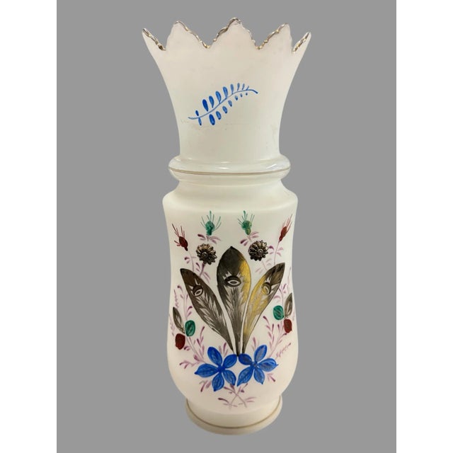 White Vintage French Opaline Hand Painted Floral Decorated Art Glass Vase For Sale - Image 8 of 9