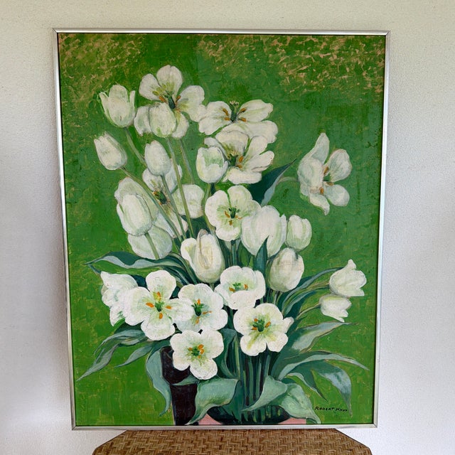 Fantastic midcentury oil on board still life of white tulips. Signed Robert Knox, it appears to be from the 1960’s or...