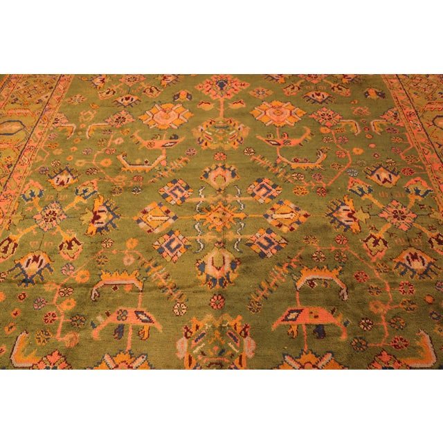 Vivid Green Background Antique Turkish Oushak Rug, Country of Origin: Turkey, Circa Date: 1900
