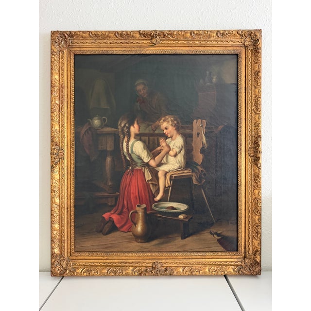 Large Antique European Oil Painting 19th Century Interior Genre Scene Children For Sale - Image 11 of 18