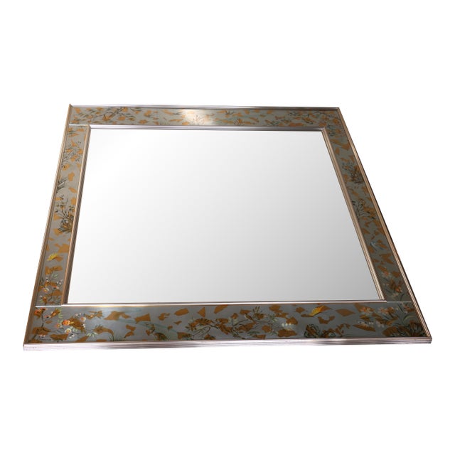 Vintage LaBarge Chinoiserie Silver-Leaf Reverse-Painted Wall Mirror — 1970s For Sale