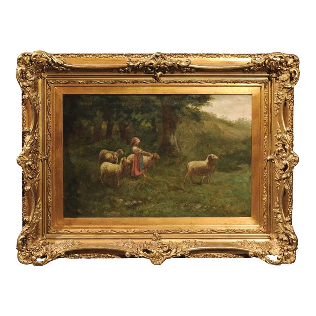 Large Antique Oil Painting of Sheep and Shepherdess in Antique Giltwood Frame For Sale