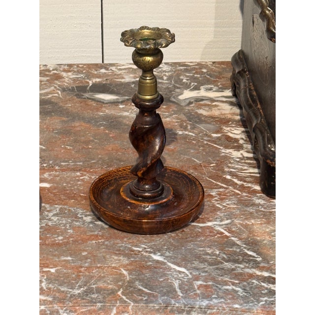 Pair of Oak Barley Twist Candlesticks With Brass Sconces For Sale - Image 4 of 9