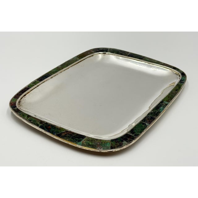 Metal Mid 20th Century Los Castillo Taxco Azurite & Lapis Inlaid Silver Plated Tray, Mexican Modernist For Sale - Image 7 of 18