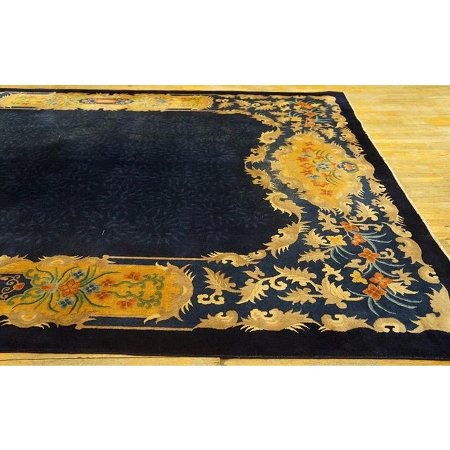 1920s Blue Navy Traditional Antique Chinese Art Deco Carpet 9'6" X 13'2" Knotted Wool Rug For Sale - Image 9 of 11