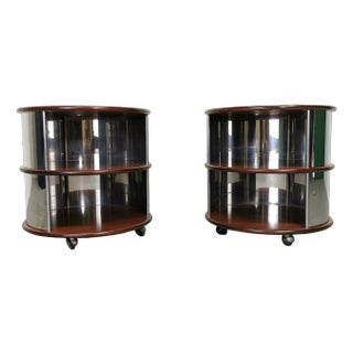 Vintage Round Bedside Tables in Walnut and Steel, 1970s, Set of 2 For Sale