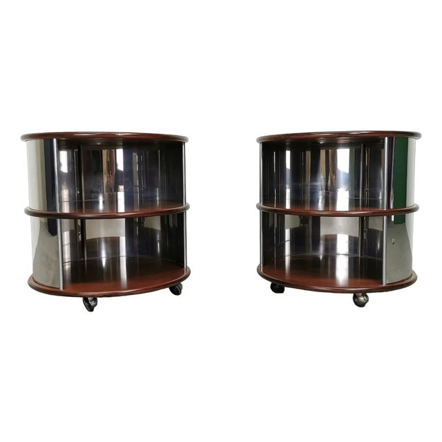 Vintage Round Bedside Tables in Walnut and Steel, 1970s, Set of 2 For Sale
